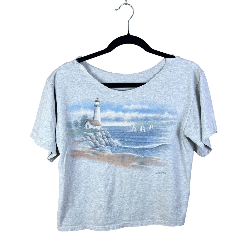 Vintage Morning Sun Lighthouse Graphic Tee Gray Raw Cut Crop Top Large 90s